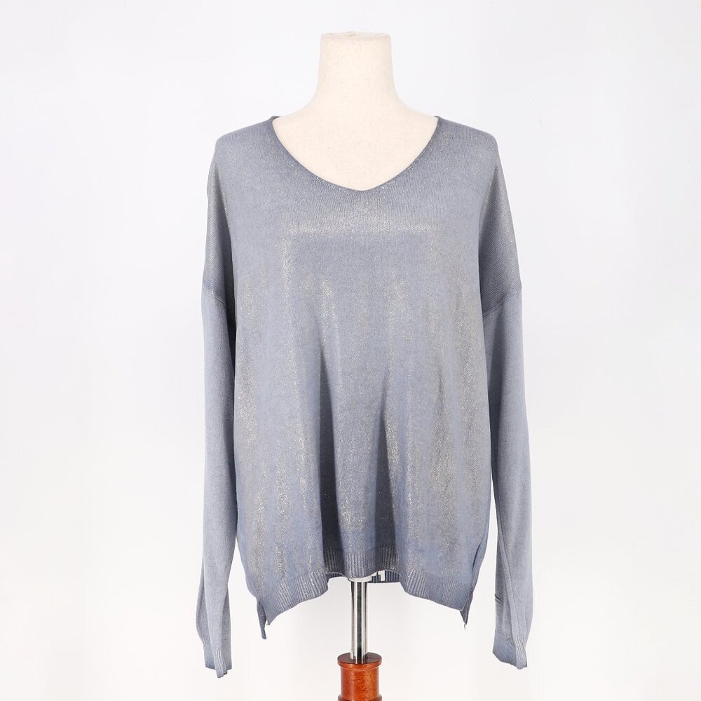 TEMPO PARIS Blue Shimmer V-Neck Lightweight Sweater Size S/M